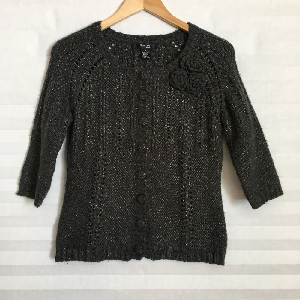 Style & Co Petite Womens Knit Sweater Top Size S Button Down Embellished Rose